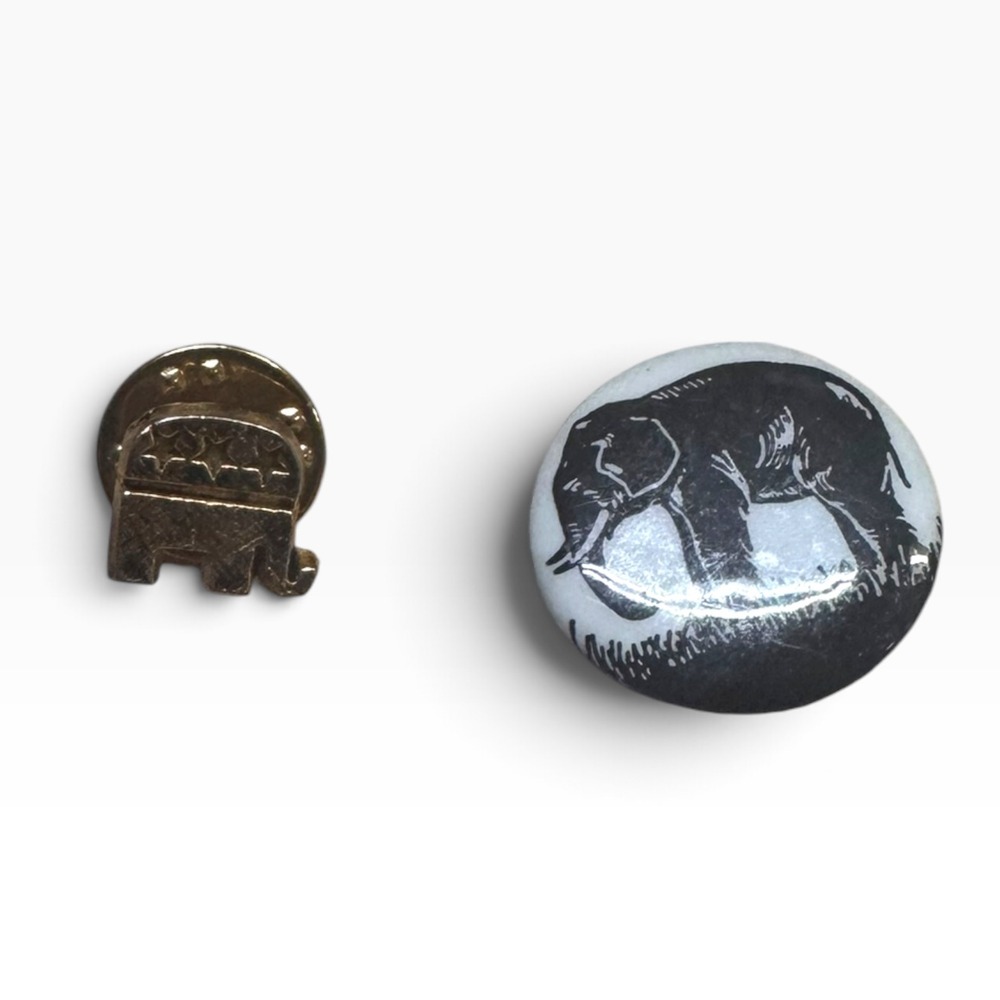 Vintage Republican GOP Elephant Pin Set Gold Tone Lapel & Round Button 2pc